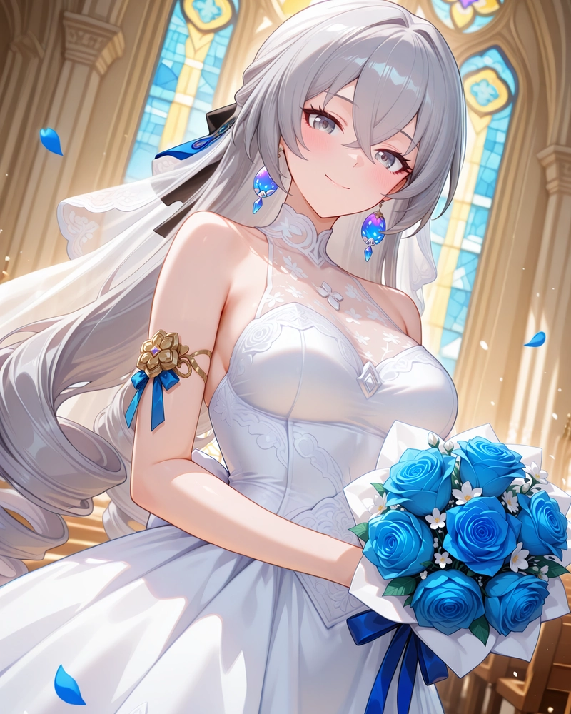 Ảnh ecchi anime cô gái mặc váy cưới cầm hoa xanh