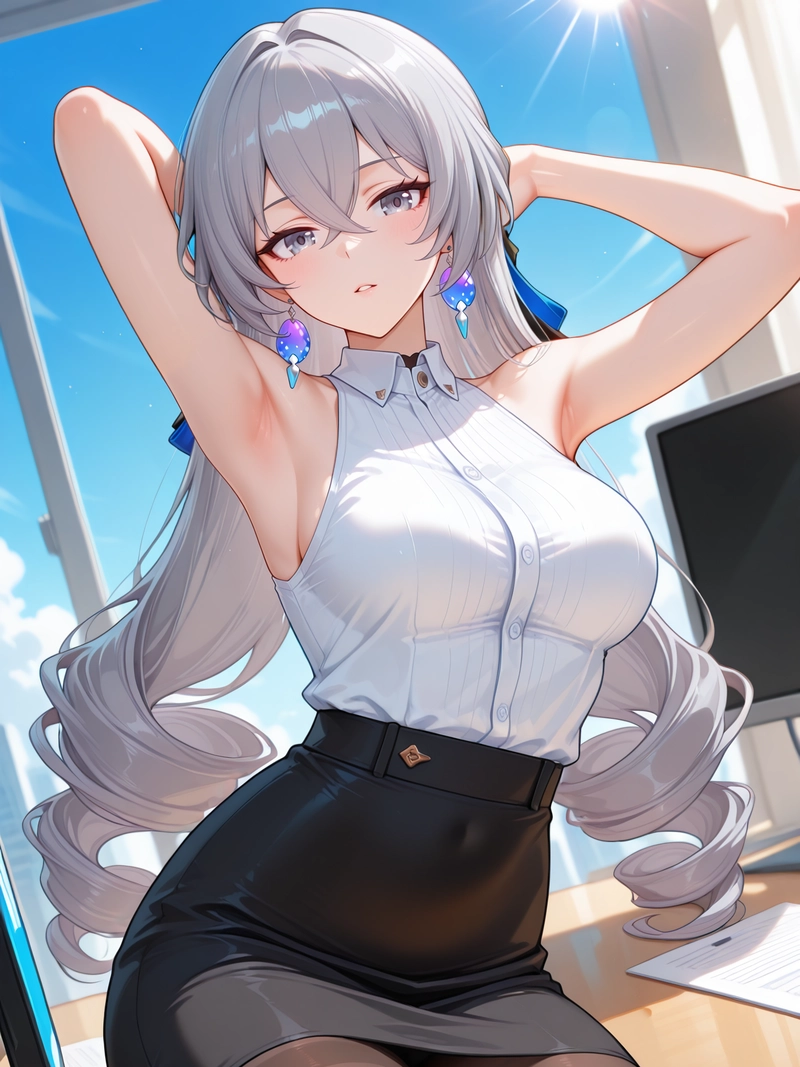 Ảnh ecchi anime cô gái tóc bạc công sở áo trắng