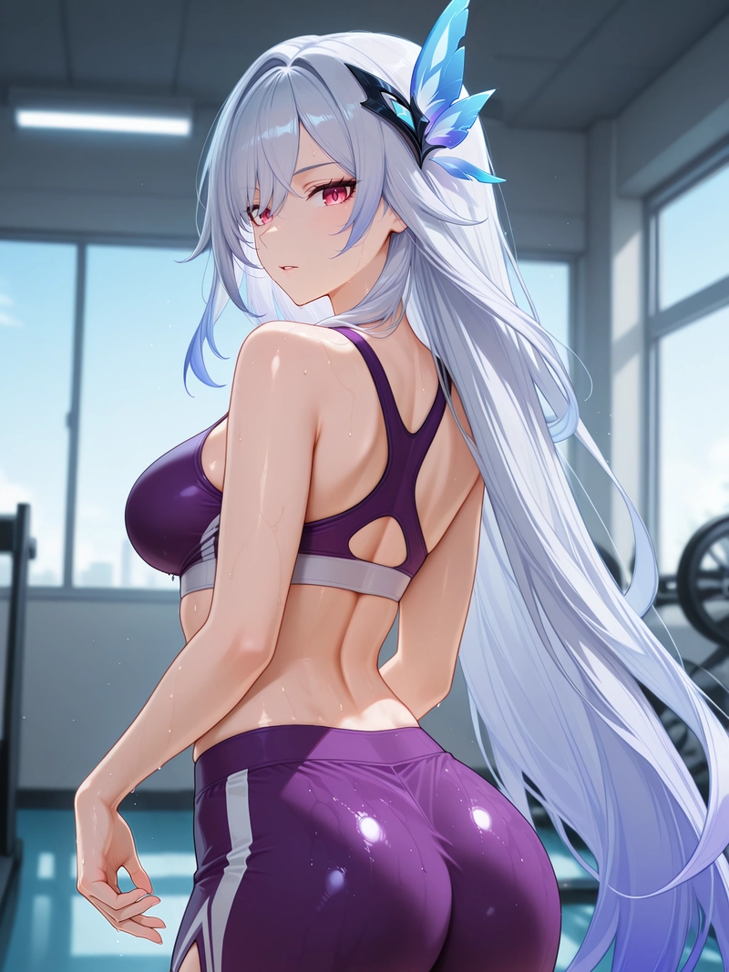 Ảnh ecchi anime cô gái tóc bạc mặc đồ tập gym