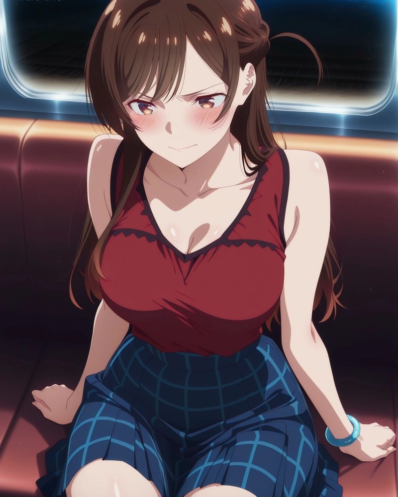 Ảnh ecchi anime cô gái tóc nâu áo đỏ bó sát