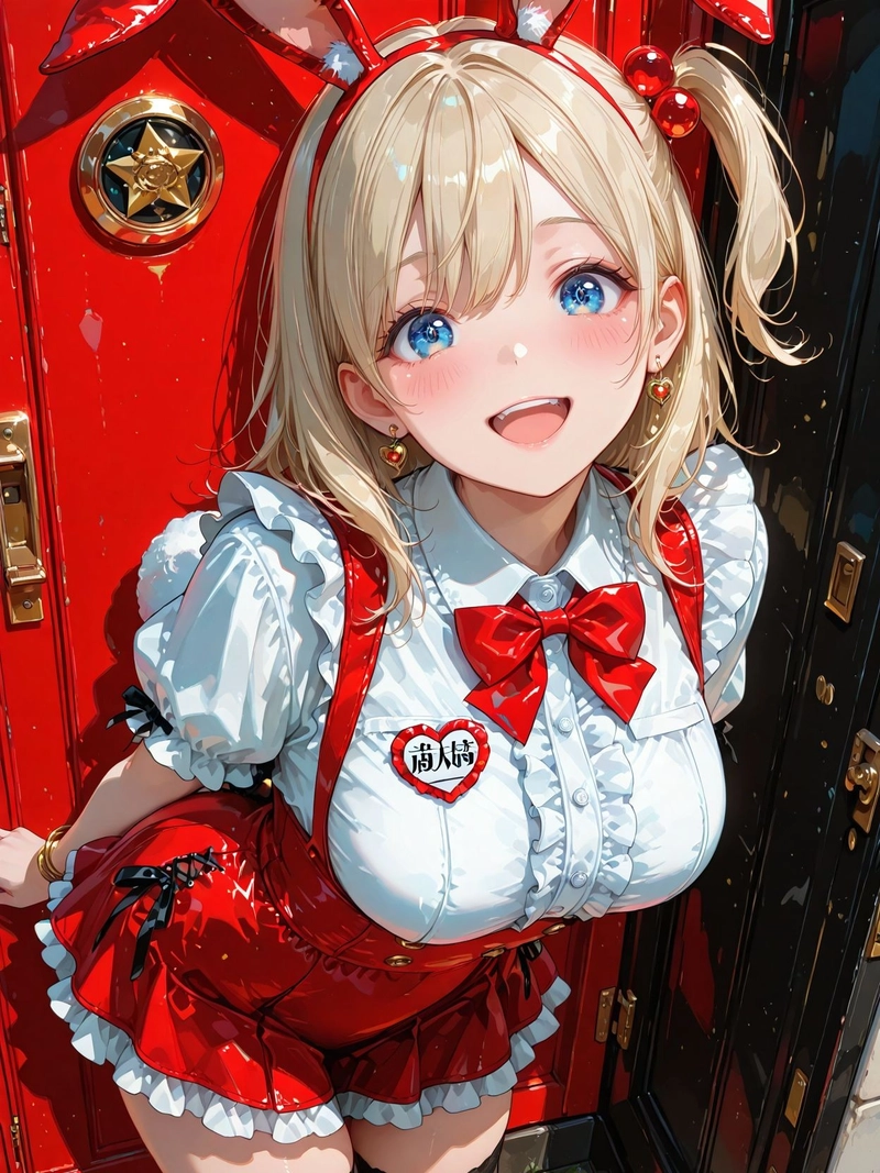 Ảnh ecchi anime cô gái tóc vàng váy giáng sinh đỏ