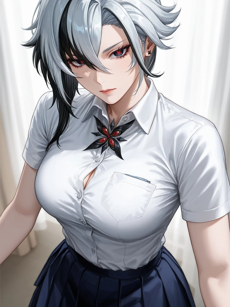 Ảnh ecchi anime cô gái tóc xám áo sơ mi trắng