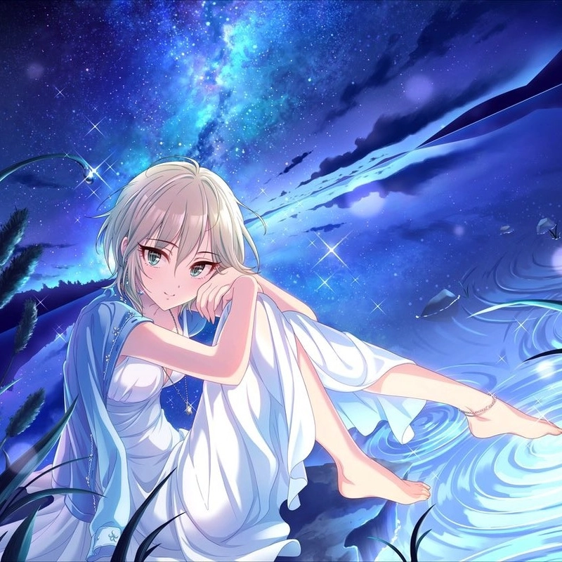 Ảnh nhân vật anime cô gái tóc trắng bên hoa xanh phát sáng