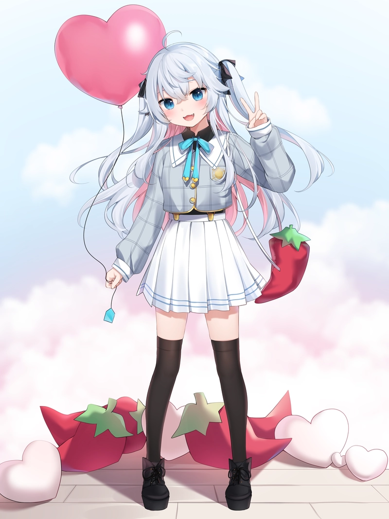 Ảnh nhân vật anime cô gái tóc trắng váy dâu tây đỏ