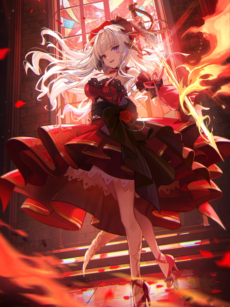 Ảnh nhân vật anime cô gái tóc trắng váy đỏ đen ngầu