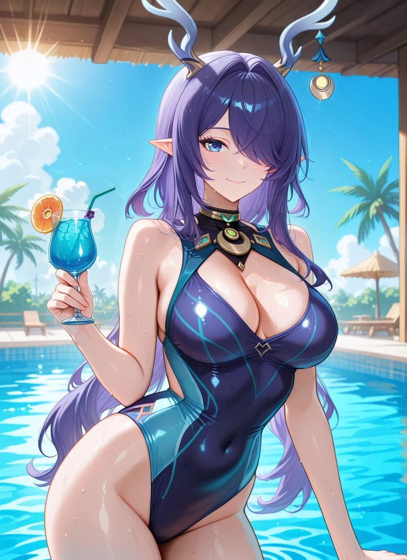 Anime girl swimsuit Raiden mặc áo tắm một mảnh màu xanh