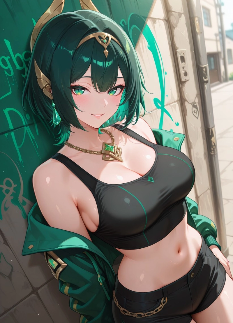 Anime gym girl tóc xanh lá mặc đồ tập đen r43