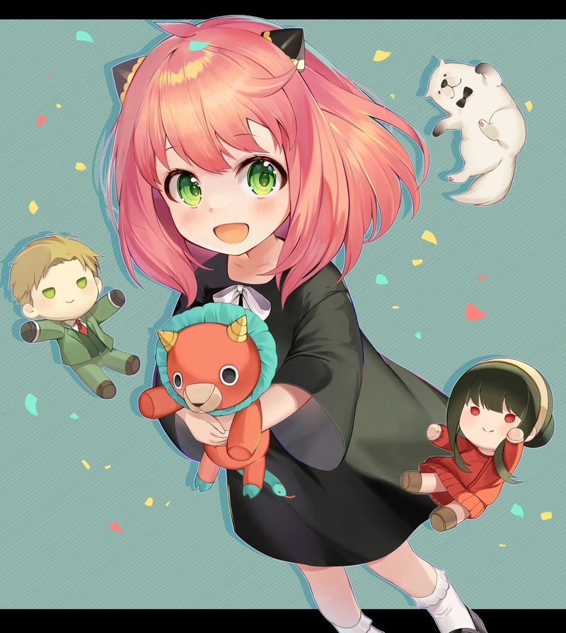 Cô bé anime tóc hồng cầm gấu bông dễ thương