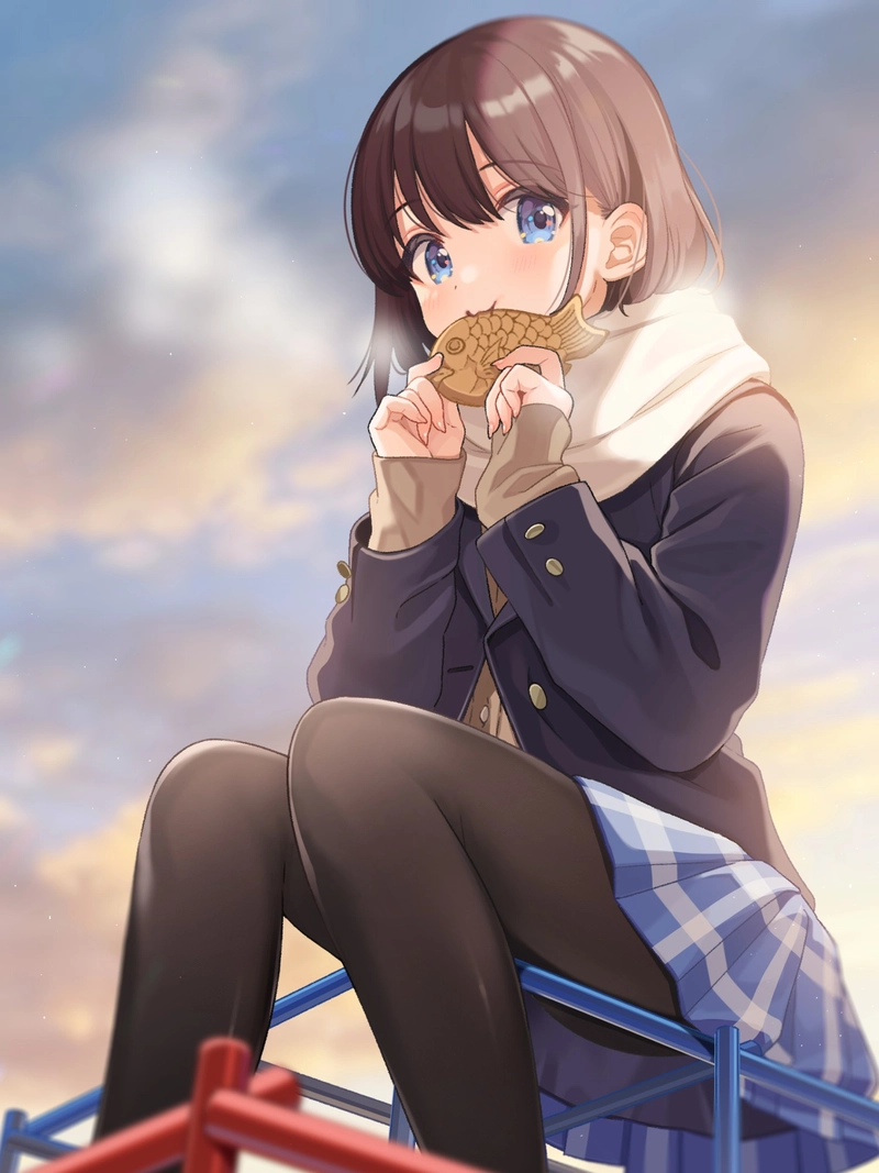 Cô gái anime ăn bánh mì nướng đồng phục trường