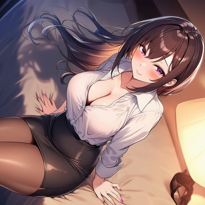 Cô gái anime công sở tóc nâu váy ngắn quyến rũ