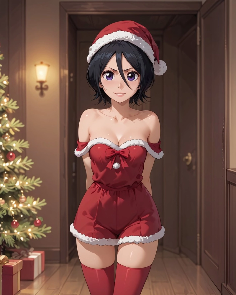 Cô gái anime mặc đồ santa đỏ đứng trong nhà