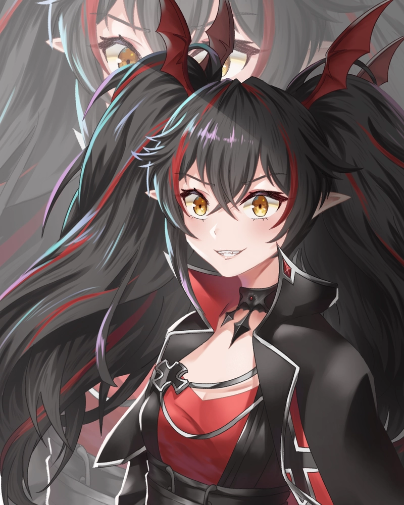 Cô gái anime tóc đen sừng đỏ trang phục đen