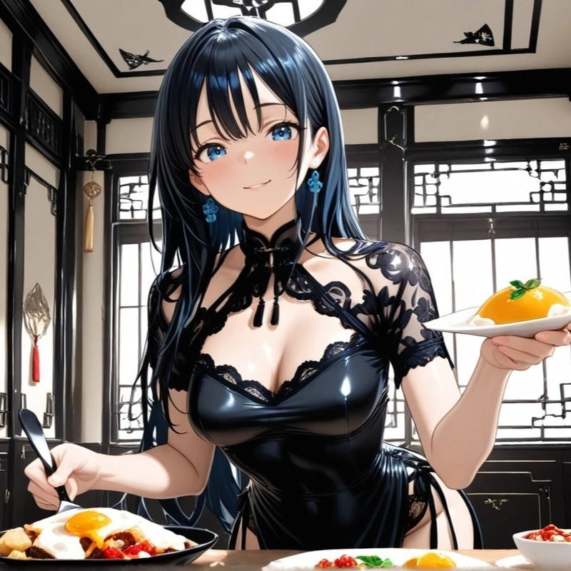 Cô gái anime tóc đen váy đen bàn ăn tối