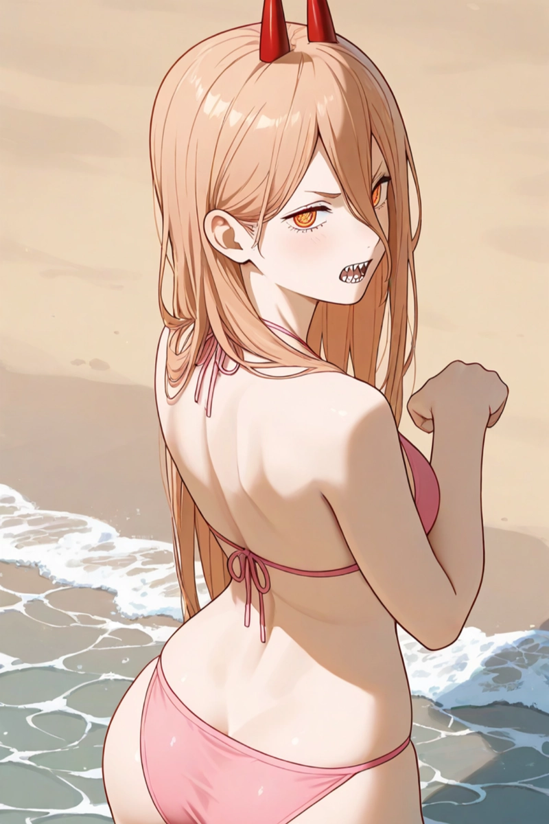 Cô gái anime tóc hồng mặc bikini bãi biển nắng