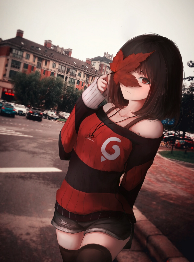 Cô gái anime tóc nâu áo đỏ tai nghe nhạc