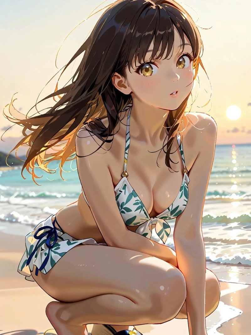 Cô gái anime tóc nâu bikini trắng bãi biển đẹp