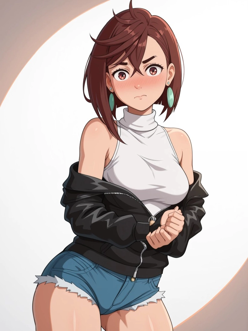 Cô gái anime tóc ngắn áo khoác đen quần xanh