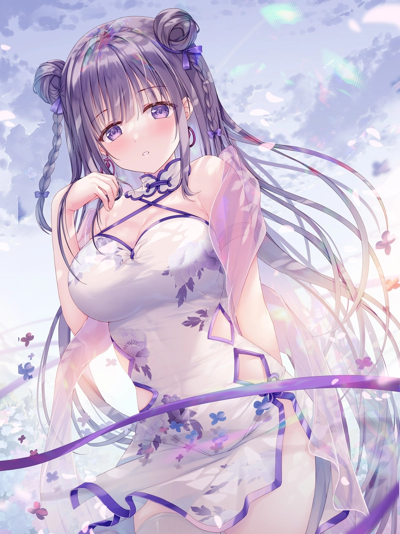 Cô gái anime tóc tím váy trắng tinh khôi đẹp