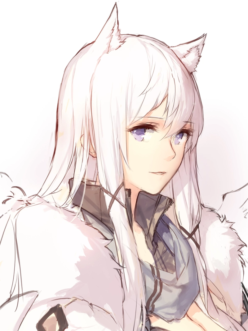 Cô gái anime tóc trắng tai mèo áo trắng xinh