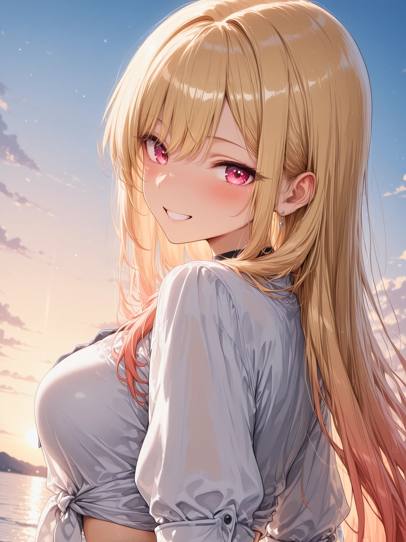 Cô gái anime tóc vàng bikini xanh nằm trên giường