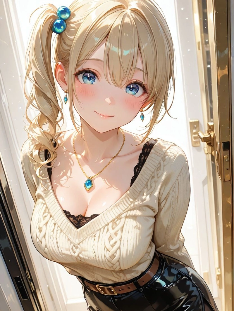 Cô gái anime tóc vàng buộc hai bên áo len