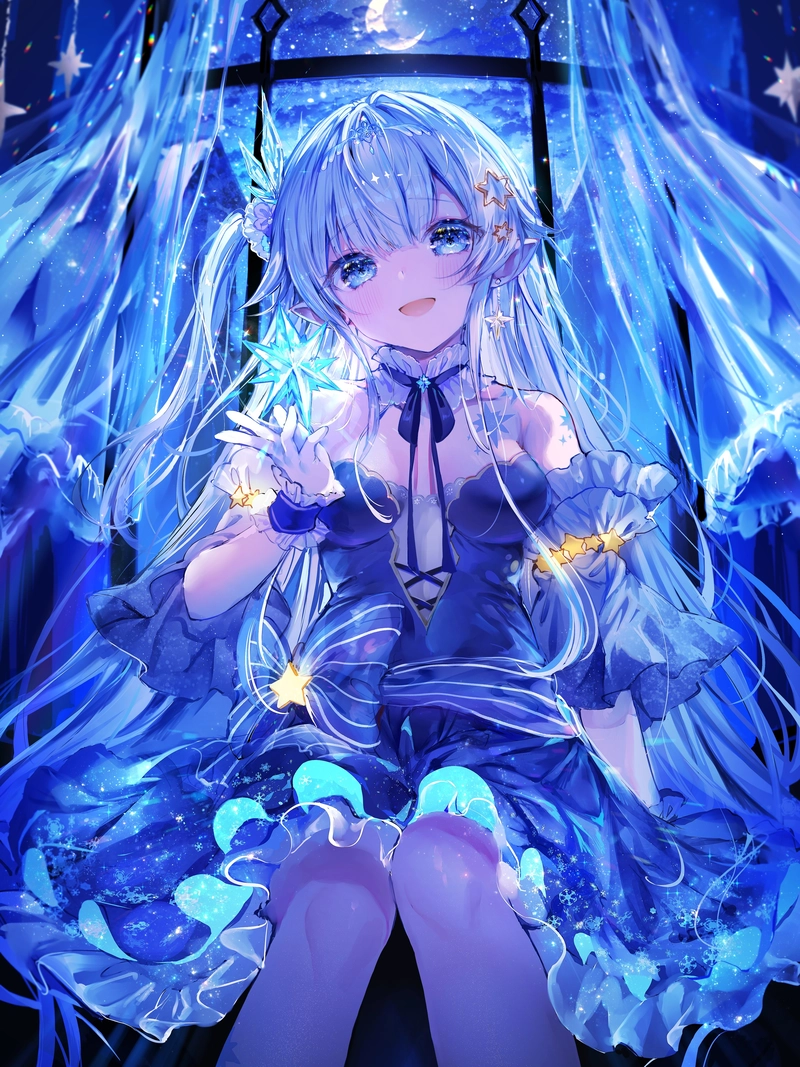 Cô gái anime tóc xanh phát sáng không gian ảo