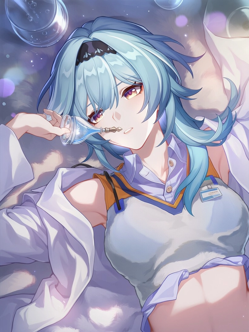 Cô gái anime tóc xanh trang phục trắng ảo mộng