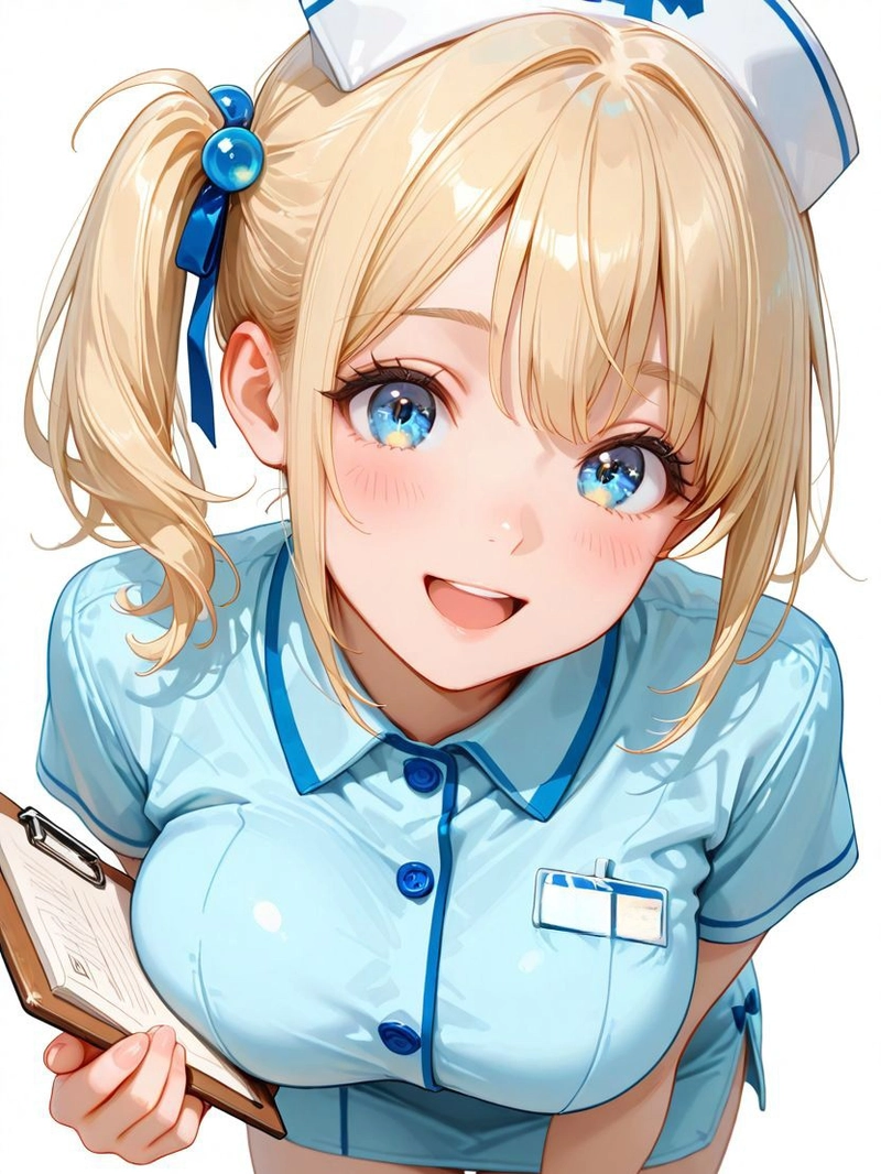 Cô gái anime y tá tóc vàng áo xanh dễ thương