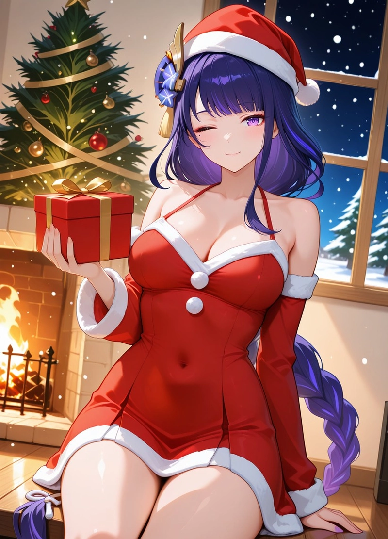 Genshin Christmas art Raiden cầm ly rượu mặc đồ đỏ