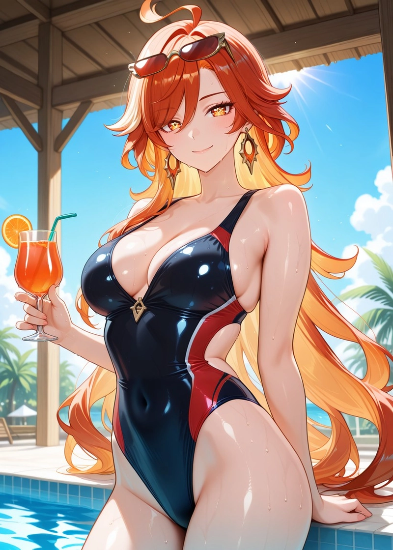Genshin summer vibe waifu tóc đỏ mặc đồ bơi một mảnh