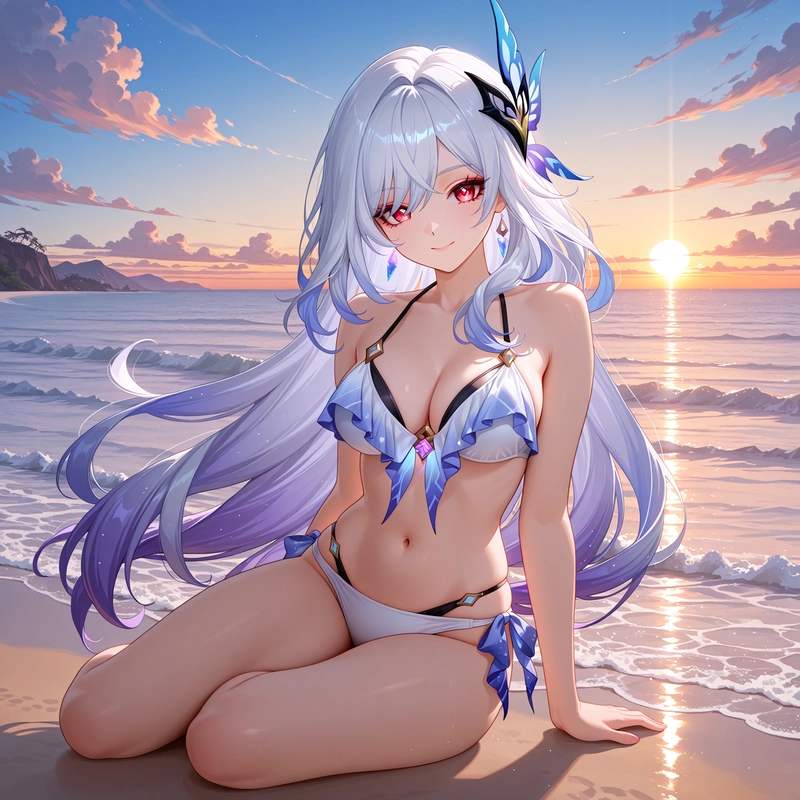 Hentai genshin Ganyu mặc bikini trắng tạo dáng trên bãi biển