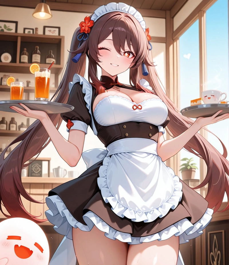 Hentai genshin Hu Tao mặc đồ hầu gái phục vụ bàn