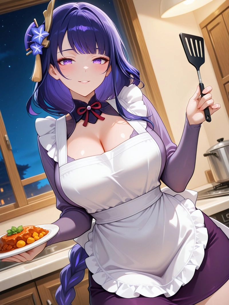 Hentai genshin Raiden mặc tạp dề hầu gái nấu ăn r43