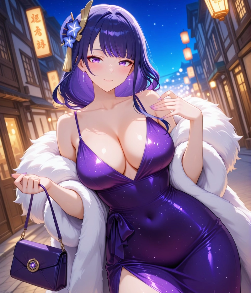 Hentai genshin Raiden mặc váy tím xẻ ngực đi dự tiệc