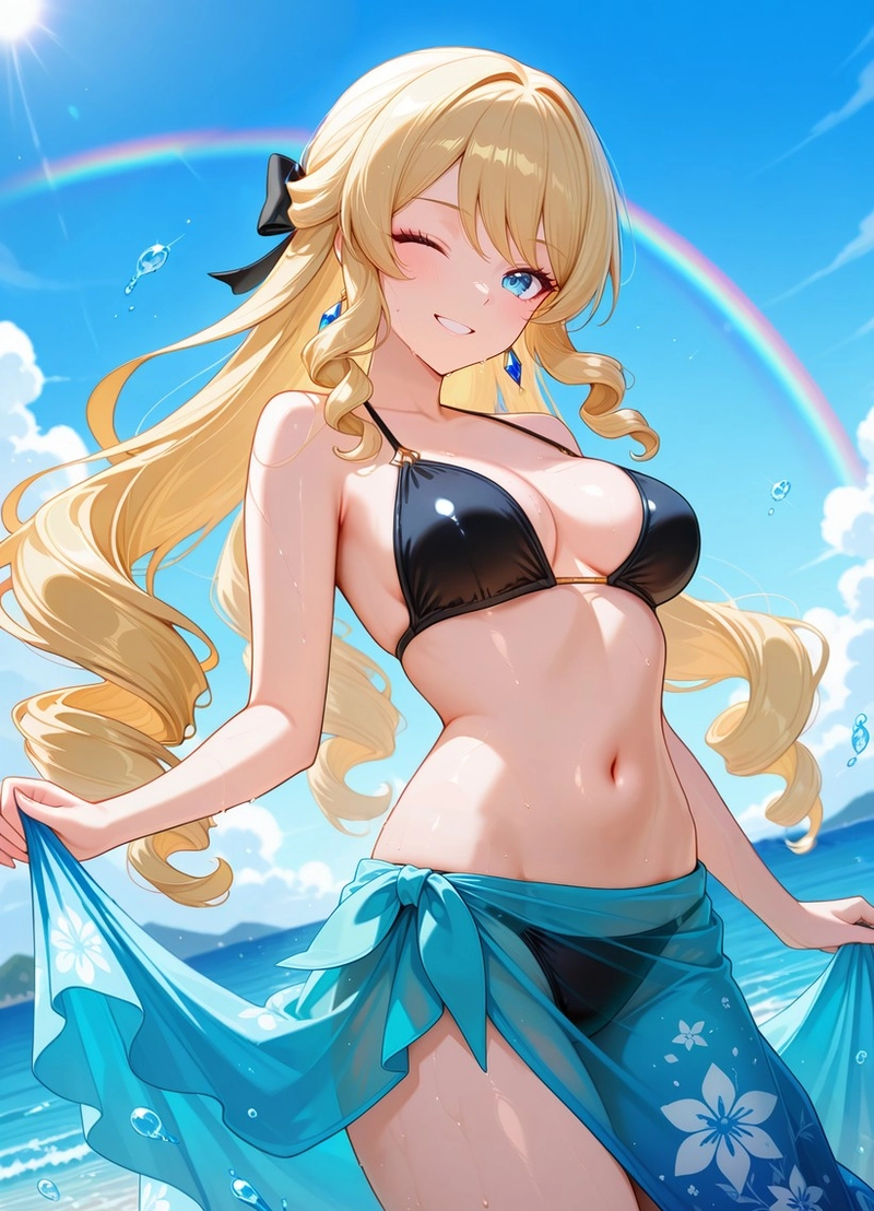 Hentai genshin nhân vật nữ tóc vàng mặc bikini xanh biển