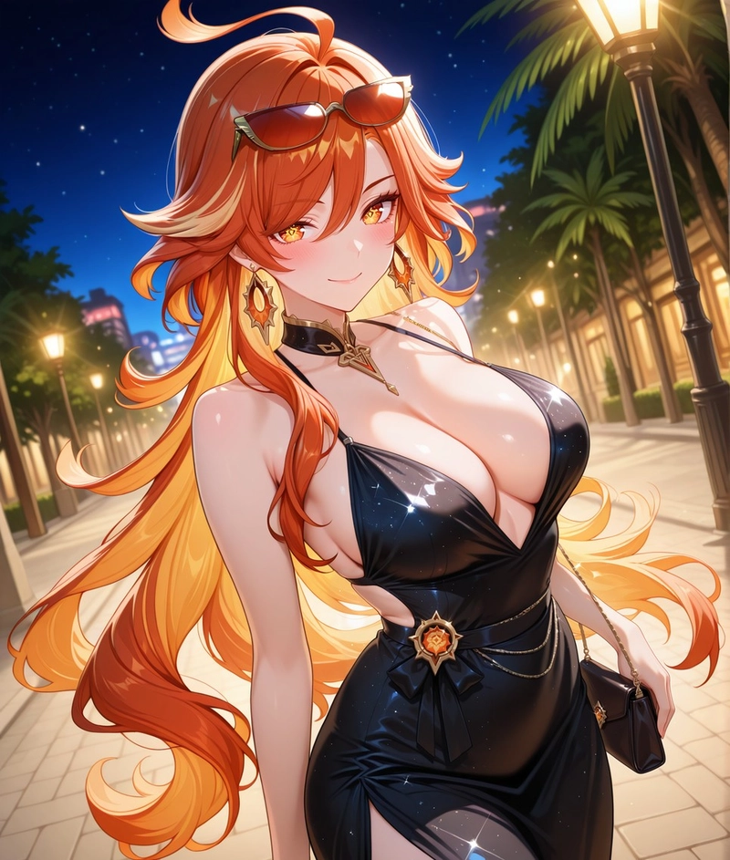 Hentai genshin nhân vật tóc cam dài mặc váy đen bó