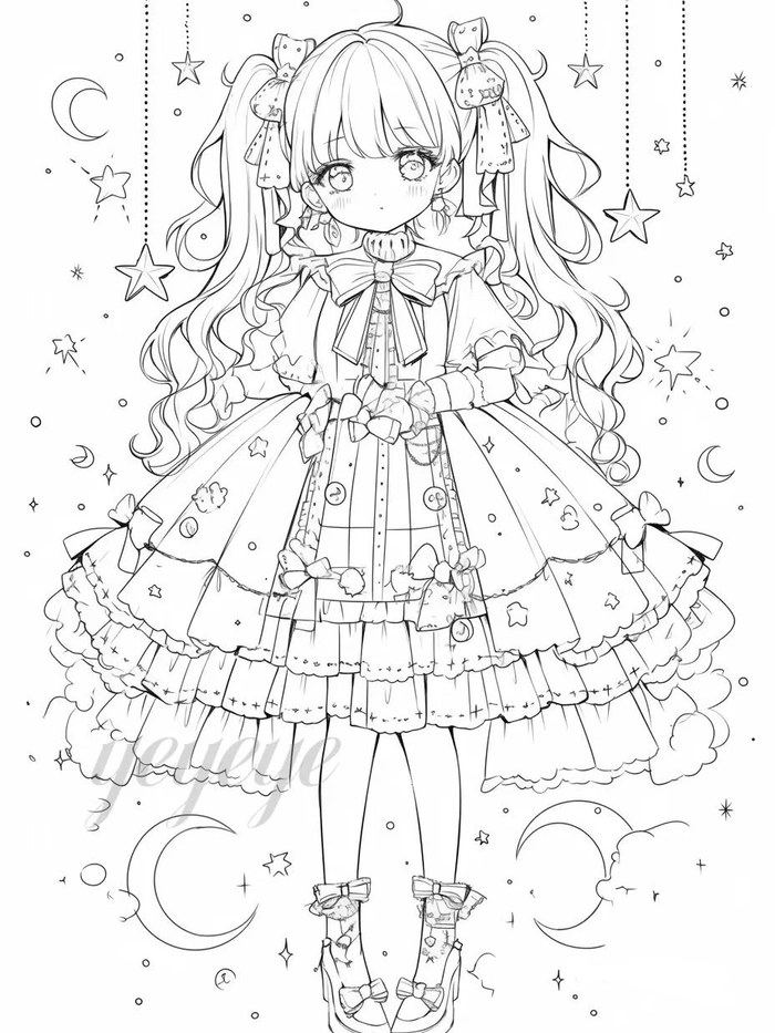 Hình tô màu công chúa phong cách Lolita nhiều chi tiết đẹp