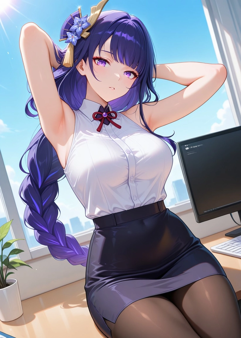 Office lady anime Raiden mặc sơ mi trắng văn phòng gợi cảm