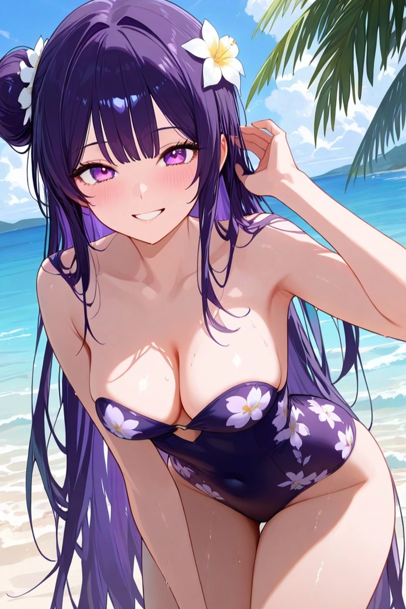 Raiden Shogun bikini mặc đồ bơi tím hoa tạo dáng biển