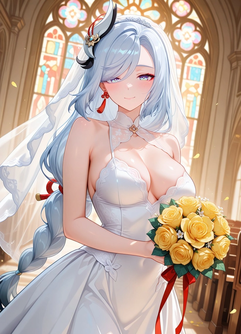 Shenhe wedding dress mặc váy cưới trắng tinh khôi hở vai