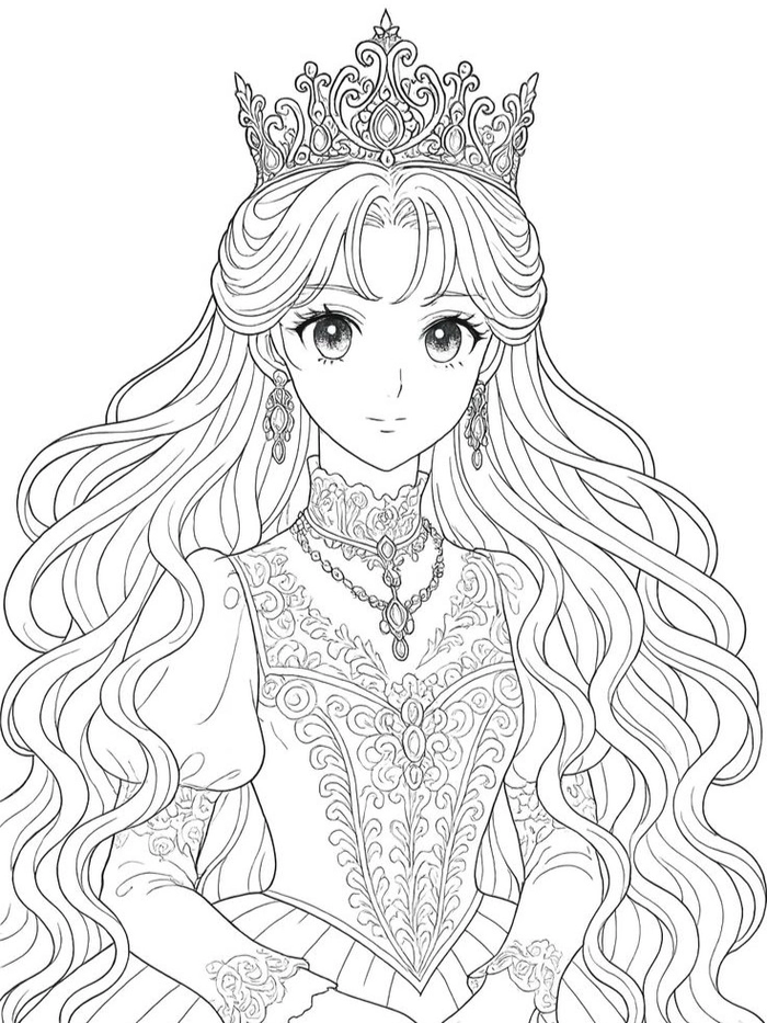 Tranh tô màu công chúa tóc xoăn dài dịu dàng xinh đẹp