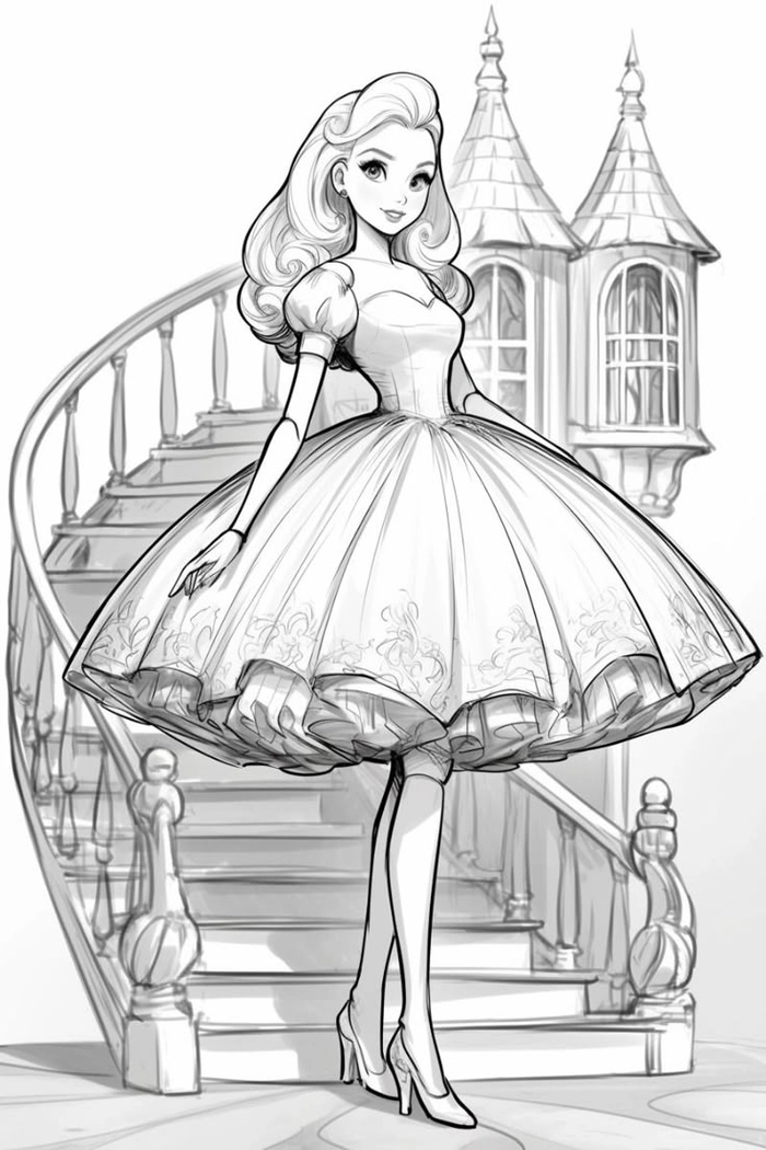 Vẽ công chúa anime bước xuống cầu thang xoắn ốc sang trọng