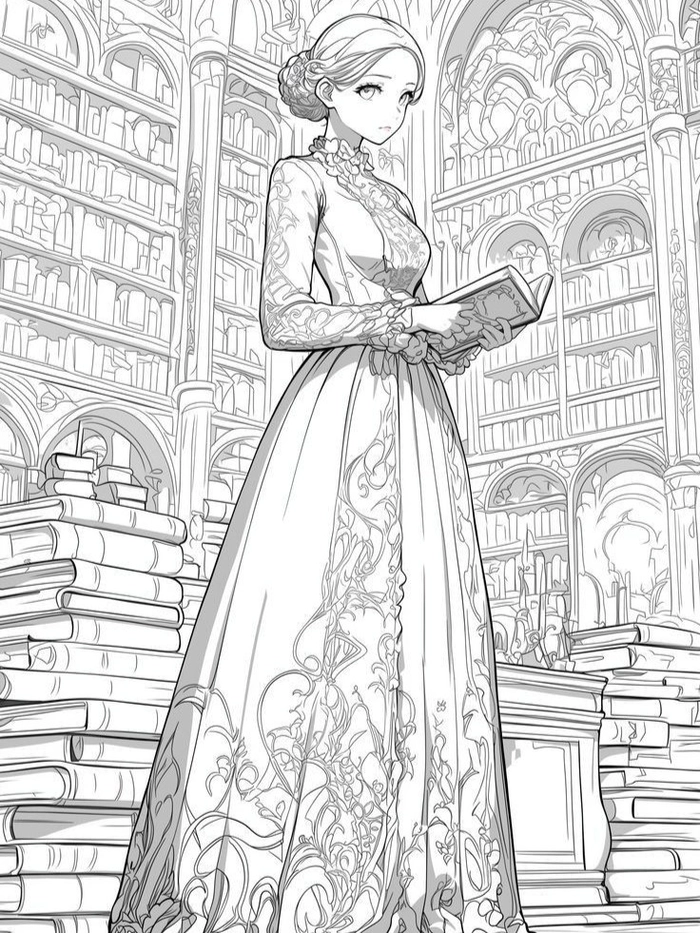 Vẽ công chúa anime cầm sách đứng trong thư viện hoàng gia