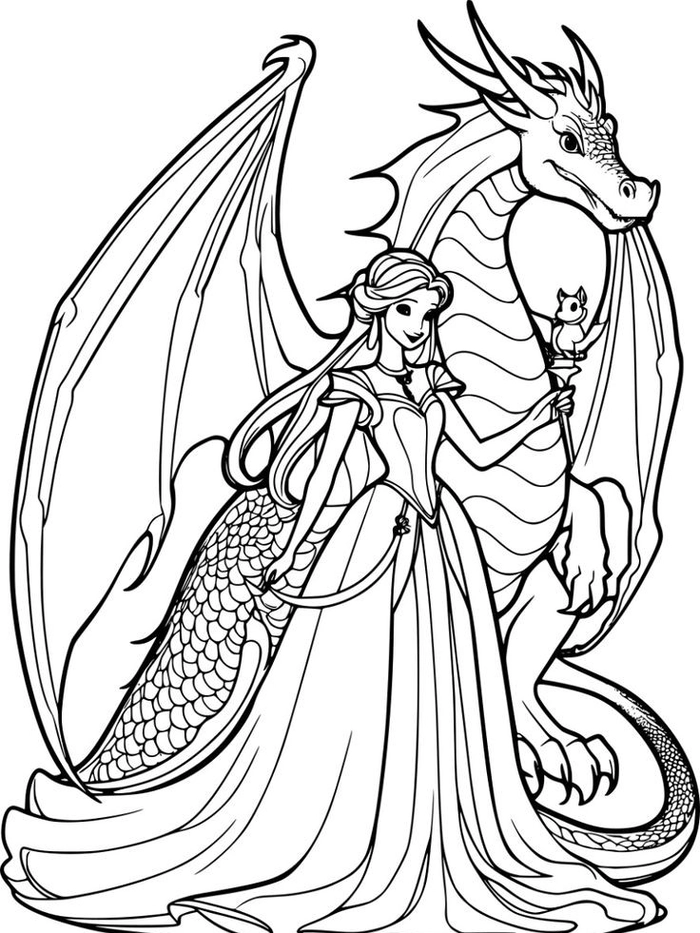 Vẽ công chúa anime đứng cạnh rồng thần uy nghiêm hùng dũng