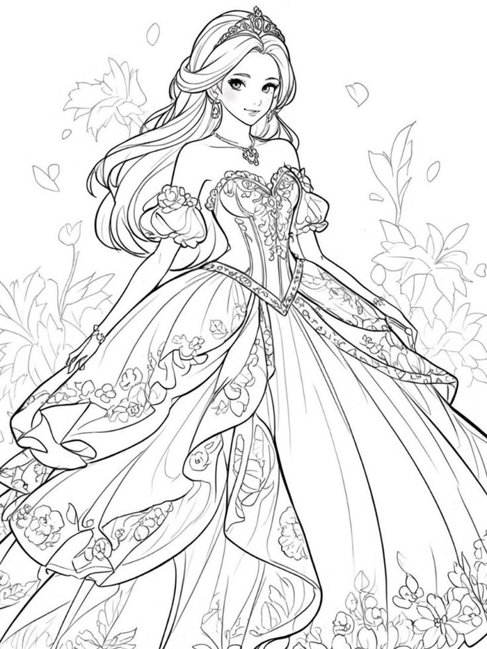 Vẽ công chúa anime mặc váy xòe rộng nhiều tầng lớp đẹp