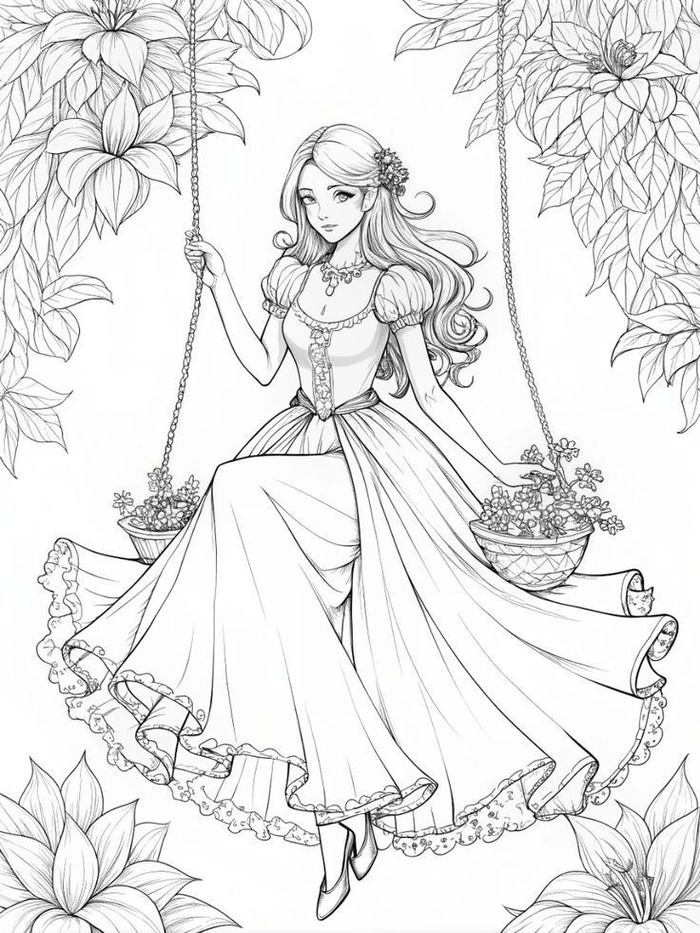 Vẽ công chúa anime ngồi xích đu dây leo lãng mạn thơ mộng