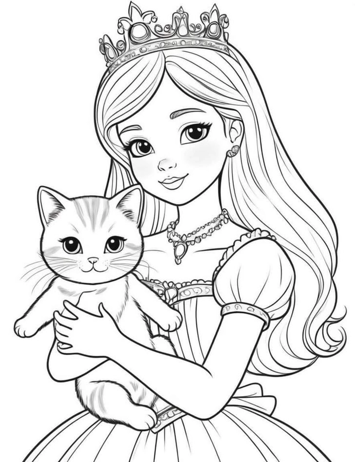 Vẽ công chúa anime ôm chú mèo nhỏ trên tay đáng yêu