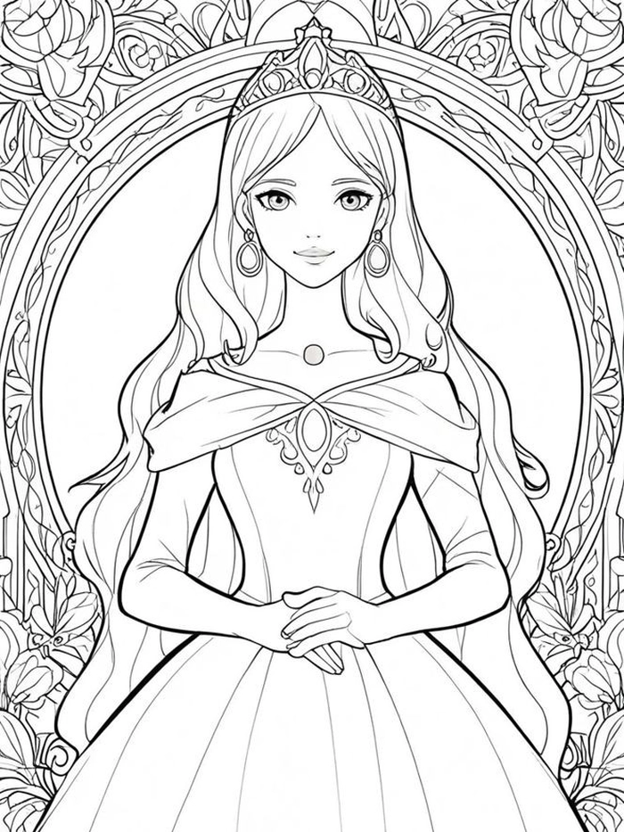 Vẽ công chúa anime trong khung hình oval hoa văn cổ điển