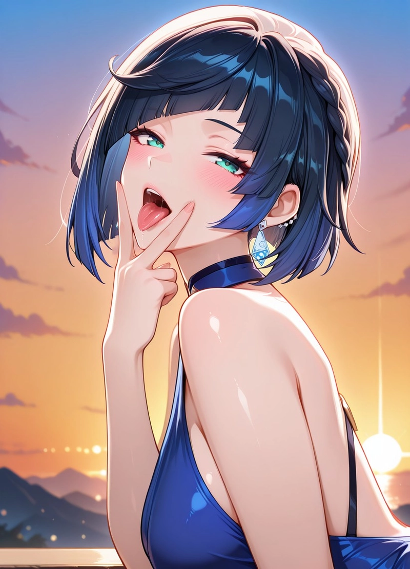 Waifu Genshin hot tóc xanh ngắn tạo dáng ướt át gợi cảm