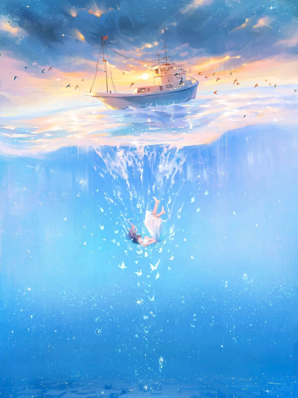 ảnh anime rơi xuống nước giữa không gian tĩnh